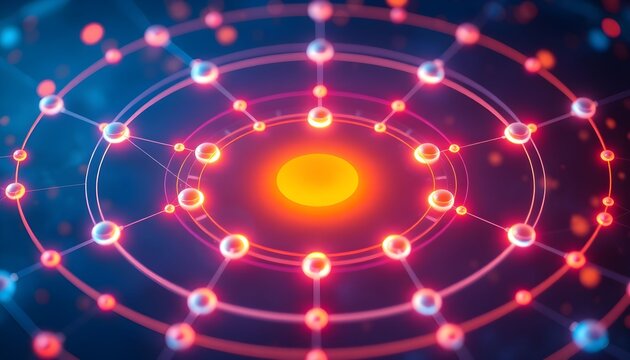 Vibrant glowing atom model emits light in dark space with orbiting electrons