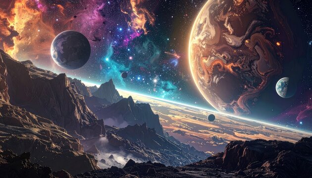 Alien Planet Landscape with Multiple Moons and Nebula.