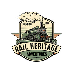 Vintage steam locomotive rail heritage adventures emblem. © BasthaDocumentary