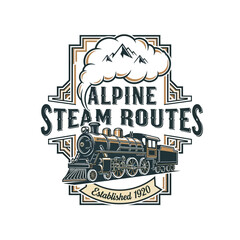 Vintage steam locomotive alpine railway transport logo. © BasthaDocumentary
