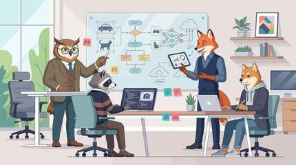 Fototapeta premium Team of Anthropomorphic Animals Collaborating on Machine Learning Project