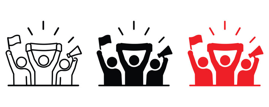 Group of cheering fans with flags and megaphone icon set cheering supporters