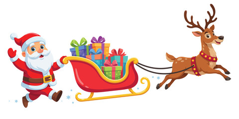 Fototapeta premium Santa claus and reindeer pulling a sleigh with gifts