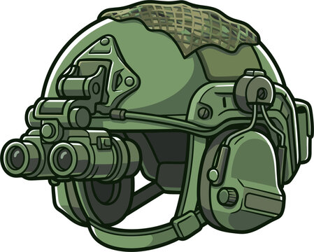 An isolated illustration of a green tactical helmet equipped with night vision goggles and camouflage netting. Military and army equipment concept.