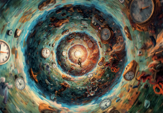 surreal depiction of a time loop where reality endlessly repeats, featuring a glowing clock, swirling cosmic energy, and a mysterious portal that blurs the boundaries between past, present, and future