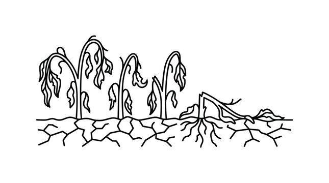 Drought stricken plants wilting in cracked dry earth, line art illustration
