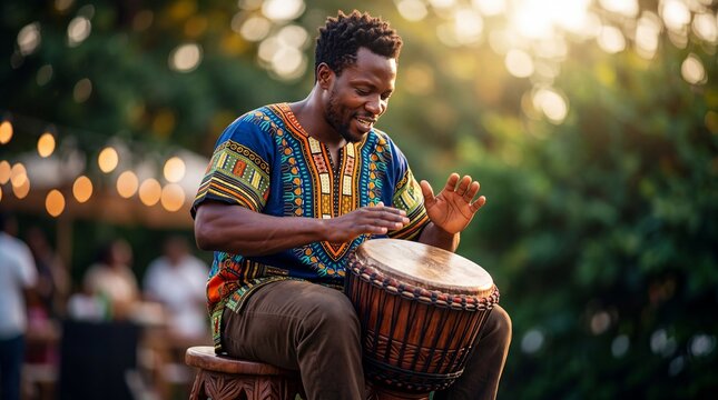 African man playing djembe drum in traditional dashiki shirt. Celebration of Africa Day with rhythmic music performance. Authentic cultural heritage and ethnic musical instrument concept
