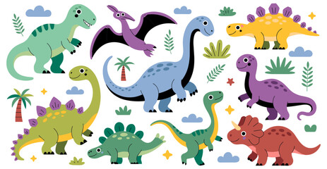 Cute Dinosaurs Collection: A vibrant collection of cartoon dinosaurs in various poses and colors, set against a playful background with clouds and palm trees. Perfect for children's themes. © SUZUNCHANDRA