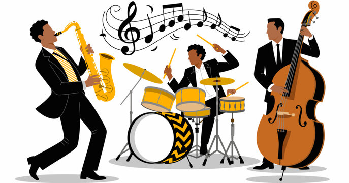 Jazz Trio Performance: A lively jazz trio, featuring a saxophonist, drummer, and bassist, plays an energetic tune accompanied by musical notes dancing in the air.