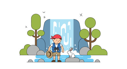 A young explorer with binoculars and a red bandana stands by a scenic waterfall alongside a white rabbit in a stylized nature landscape. © Syifa