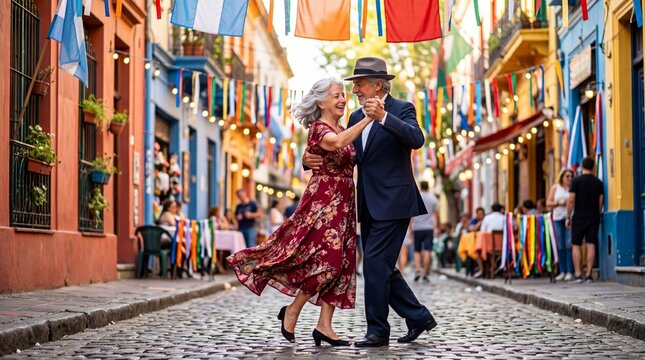 Senior woman and man dancing tango on cobblestone street in La Boca, Buenos Aires. Couple celebrating national day in Argentina. Romantic dance performance at colorful street festival