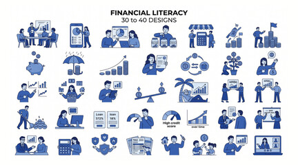 Fototapeta premium Financial literacy and investment management flat vector illustration collection with financial literacy investment business management analysis currency accounting planning strategy