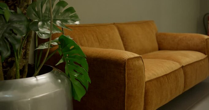 Medium static shot of a modern golden brown velvet couch sofa standing in a cozy corner area