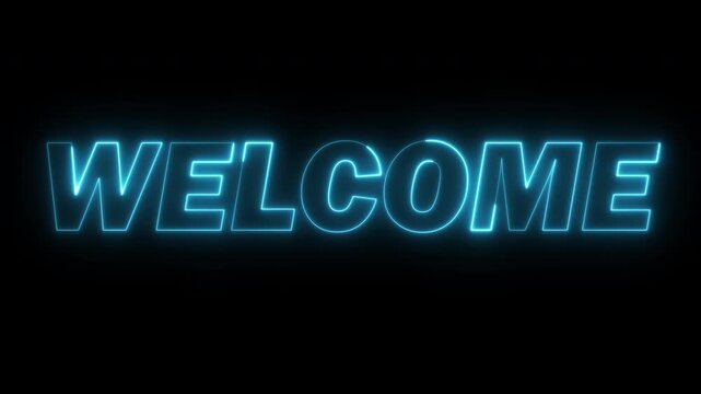 welcome text glowing blue neon light trail looping animation, sign animation for place entertaiment, light typography motion, alpha channel or transparent background, 4k video