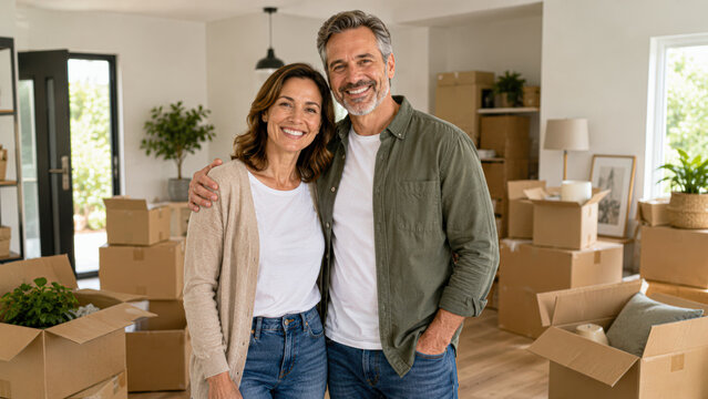 A happy middle-aged couple standing in a living room surrounded by packed moving boxes, smiling and embracing as they prepare to move to a new home.