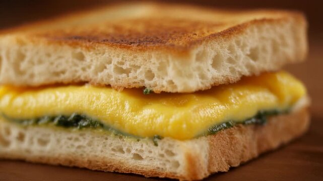 Macro Close Up of Toasted Bread Sandwich with Soft Yellow Egg Filling and Green Herb Sauce, Delicious Breakfast Food 1080p Footage