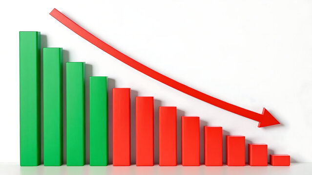 A3d bar chart showing a downward trend with green bars transitioning into red bars and a large red arrow pointing downwards on white