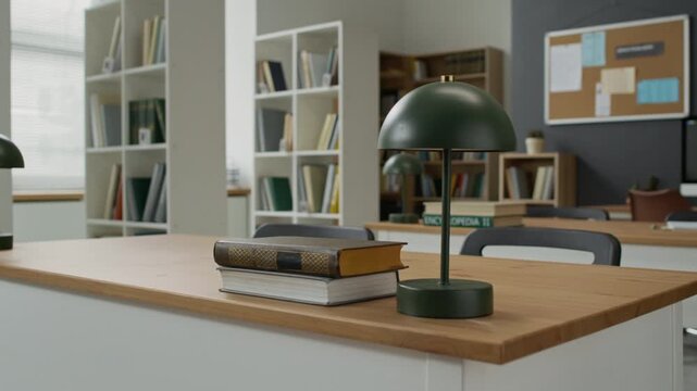 Empty classroom featuring wooden desks with green lamps and books, camera panning right. Footage suitable for educational marketing, school enrollment promos, or student integration campaigns