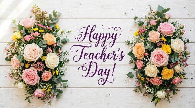 Happy teachers day floral arrangement pink and yellow roses festive greeting for educators
