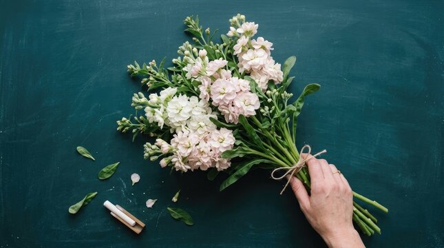 Happy teachers day elegant white and pink flower bouquet with chalk on teal background