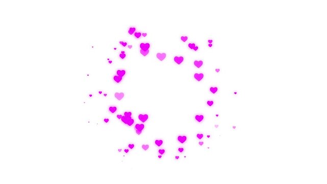Glowing pink hearts loop, flying love heart shapes overlay, romantic magic  animation, glowing abstract particles, romantic glowing love particles animation, magic shiny heart with white background.