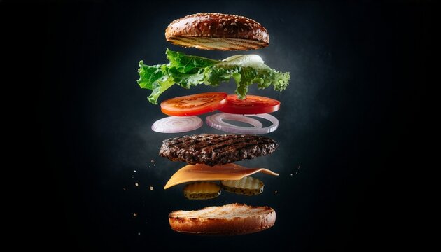 Exploded burger with layered ingredients floating on dark background