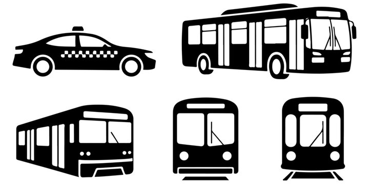 Public transportation vehicle icon set featuring bus, tram, trolleybus and urban transit silhouettes, black vector transportation symbols