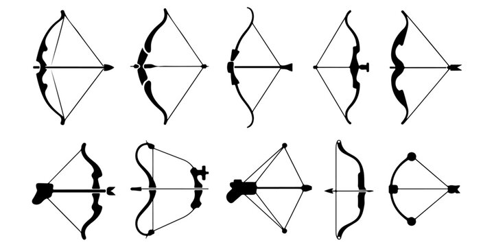 Archery bow and arrow icon set featuring traditional and modern hunting bows, black silhouette sports equipment