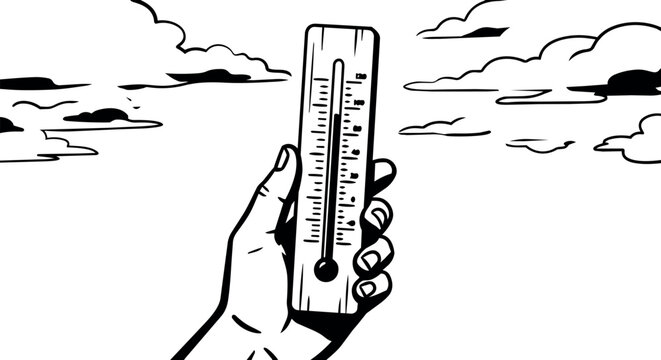 Hand holding a thermometer with clouds in the sky illustration