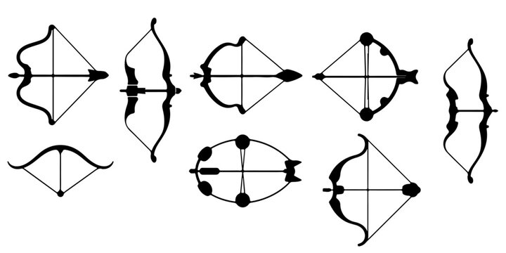 Archery bow and arrow icon set featuring traditional and modern hunting bows, black silhouette sports equipment