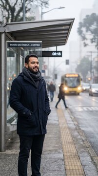 Homem aguardando transporte em ponto de &ocirc;nibus em manh&atilde; fria de inverno urbano, vestindo casaco pesado e express&atilde;o tranquila, cen&aacute;rio moderno comercial