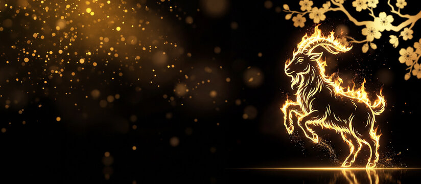Happy Chinese New Year 2027 with a shining golden fire goat symbol with gold cherry blossom branches and flowers on a festive black background, astrological banner with space for text