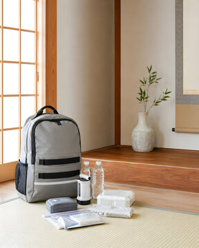 Emergency preparedness backpack in a clean Japanese interior