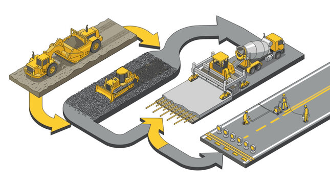 Construction process of a new road with heavy machinery.