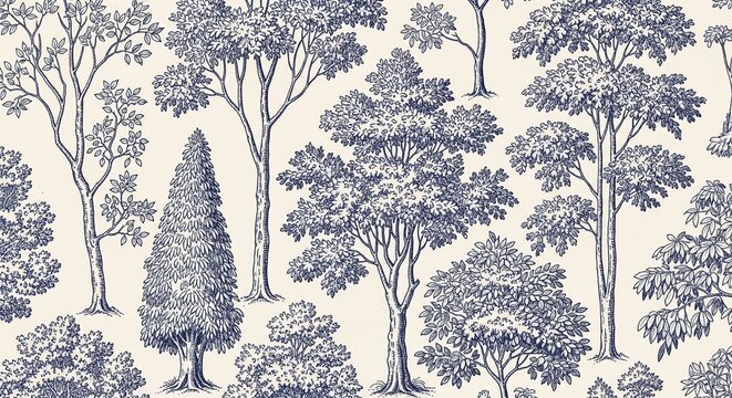 Vintage blue forest tree pattern with botanical woodcut engraving style
