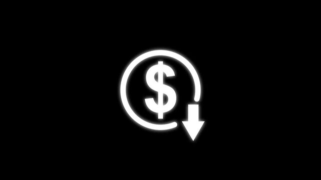 White neon dollar sign icon with downward arrow on black background dollar down icon symbol. Money reduction icon. circle with down arrow