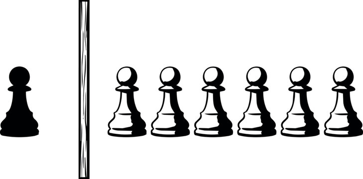 Set of seven black chess pawns and one black pawn separated by a vertical line