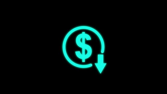 White neon dollar sign icon with downward arrow on black background dollar down icon symbol. Money reduction icon. circle with down arrow