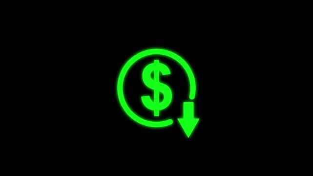 Green neon dollar sign icon with downward arrow on black background dollar down icon symbol. Money reduction icon. circle with down arrow
