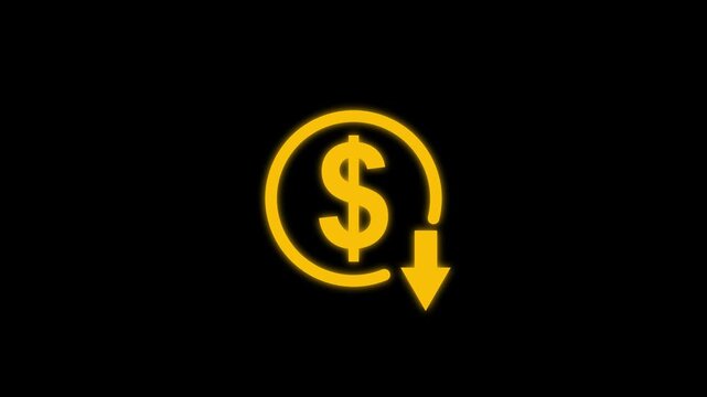 Yellow neon dollar sign icon with downward arrow on black background dollar down icon symbol. Money reduction icon. circle with down arrow