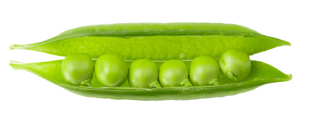 Fototapeta premium Green peas in open pod isolated on a white background