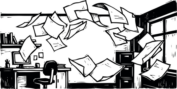 Flying papers in office workspace with desk and chair