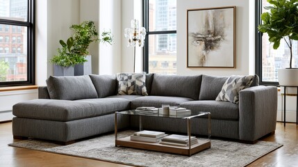 Obraz premium Modern gray sectional sofa in a stylish living room, comfortable home interior, contemporary decor, cozy lifestyle, elegant design.