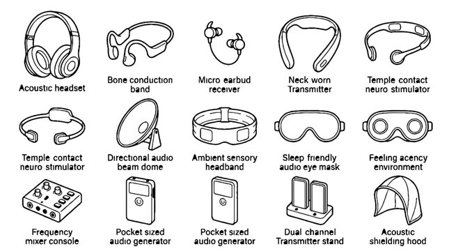 Collection of audio equipment and sensory technology line art icons including headsets and transmitters.