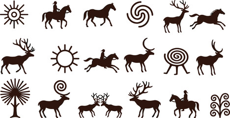 Obraz premium Ancient Cave Painting Style Icon Set with Deer Horses Sun Symbols and Tribal Elements for Historical Culture and Archeology Designs