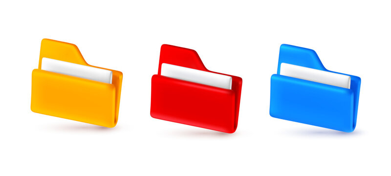Colorful 3d folder icons set, vector realistic plastic office file directory collection for digital storage, cloud database, document archive or ui ux interface