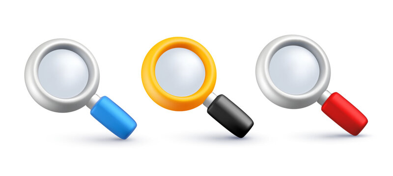 Colorful 3d magnifying glass icons set, realistic plastic search loupe. Vector collection for interface zoom, data analysis, SEO research or inspection