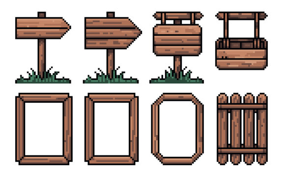 Vintage pixel art wooden game assets featuring signposts and frames with soft shadows for retro interface development.
