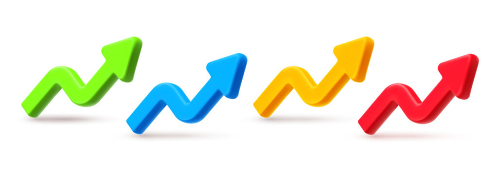 Colorful 3d business growth arrow icons set, realistic plastic rising financial graph vector collection for data analytics, success trading or investment
