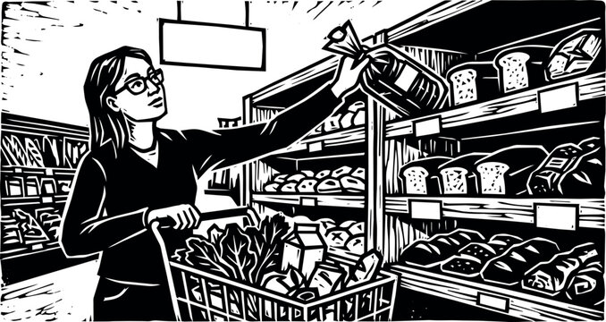 Woman shopping for bread at grocery store bakery aisle with shopping cart